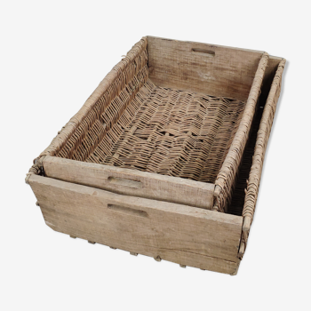Set of 2 old large baskets with logs wood and wicker