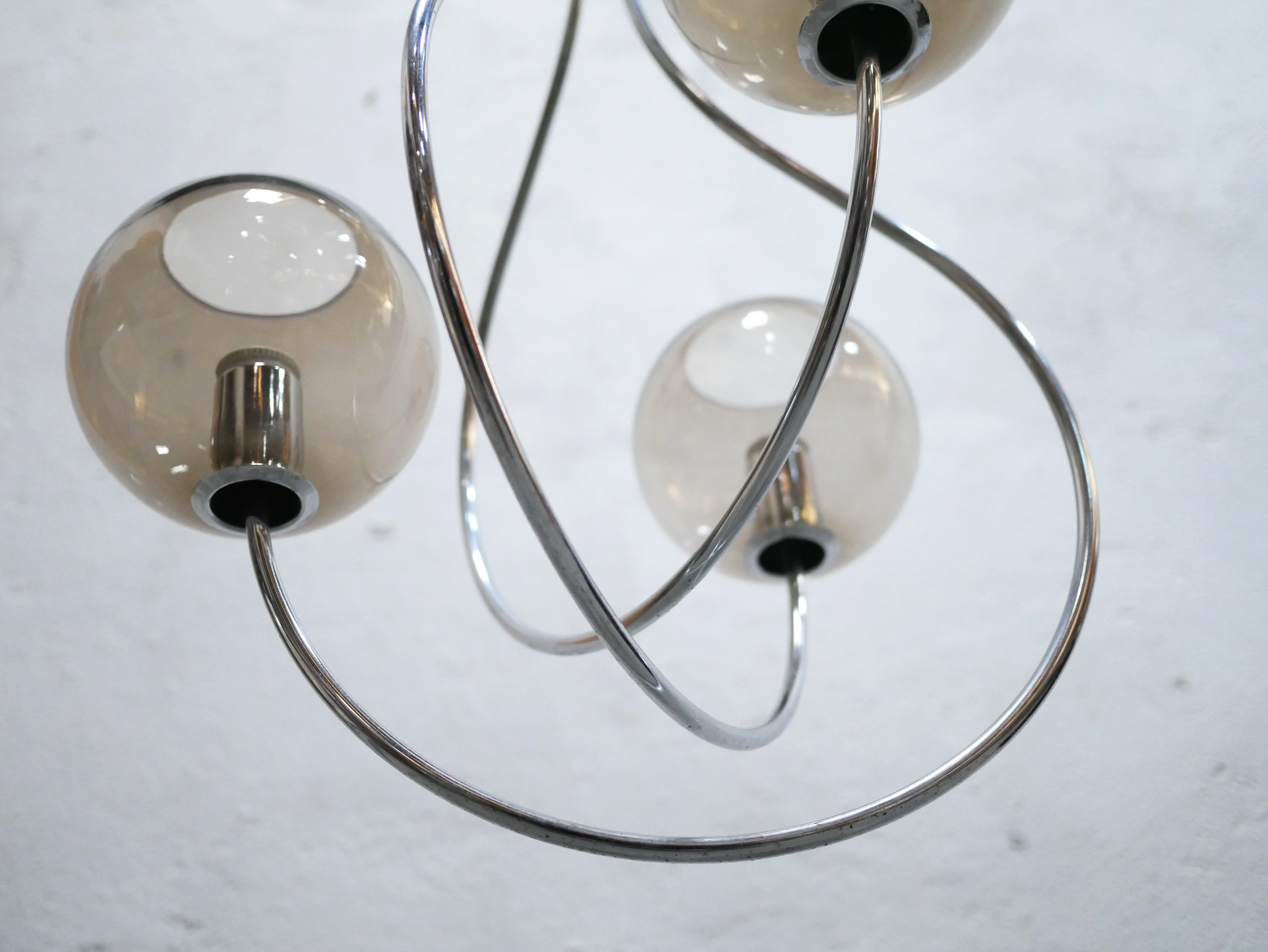 Vintage chandelier in chromed metal and smoked glass