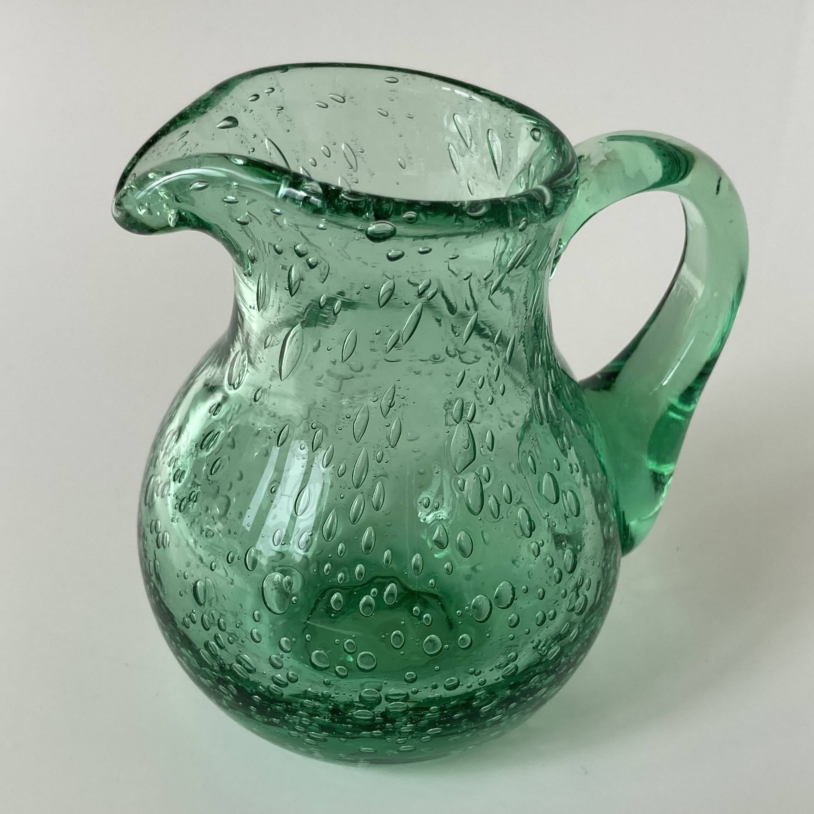 Miniature glass jug or pitcher with bubble effect, mint water, signed Biot.