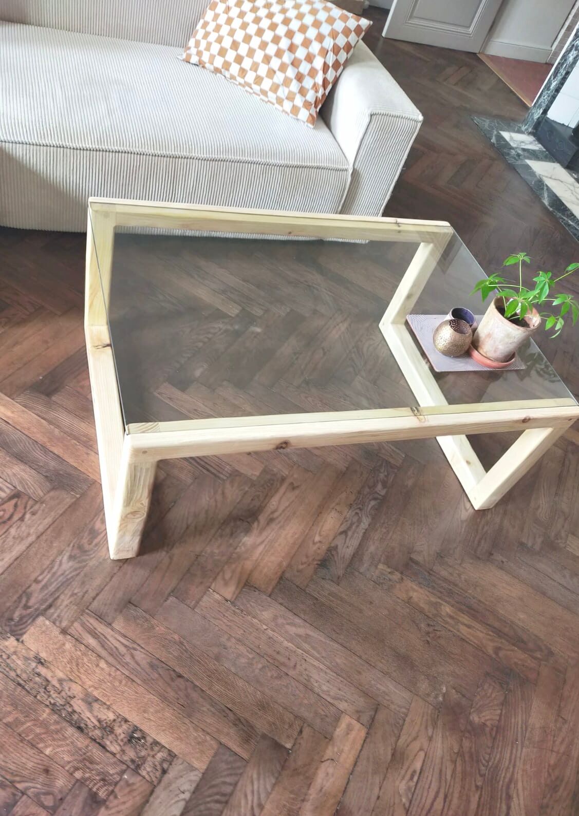 Solid wood table (pine) and glass top