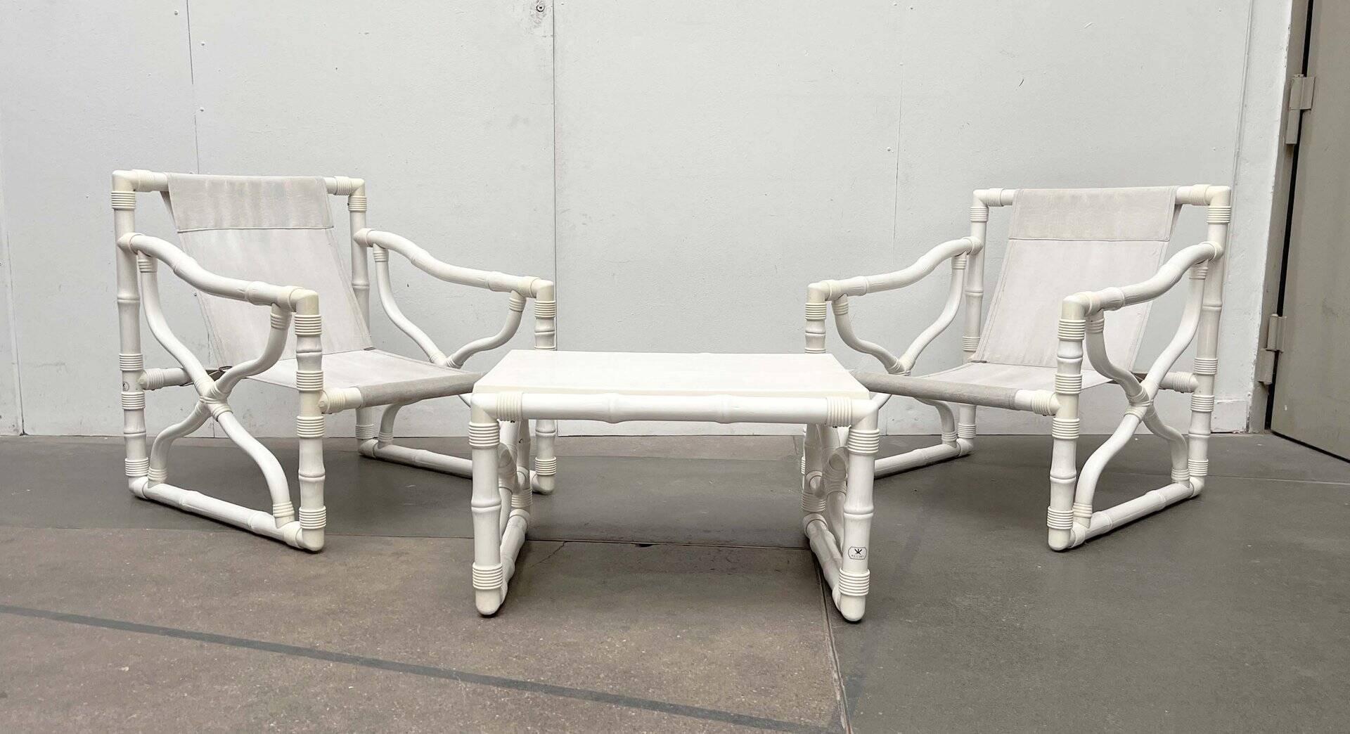 Vintage lounge chairs and table in faux bamboo by Kettal, Spain, 1980s, set of 3.