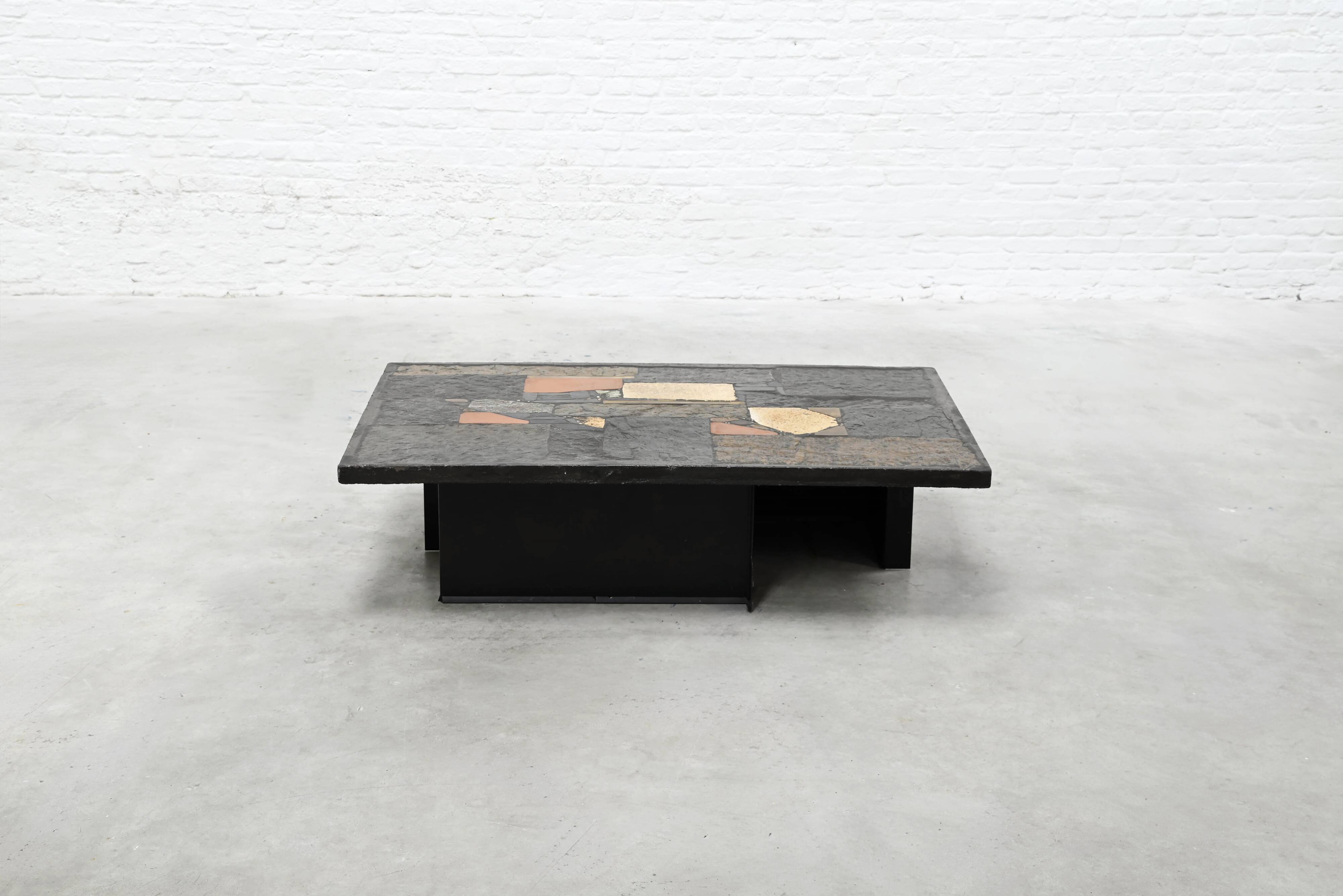 Paul Kingma slate, stone and brass inlaid coffee table, 1970s