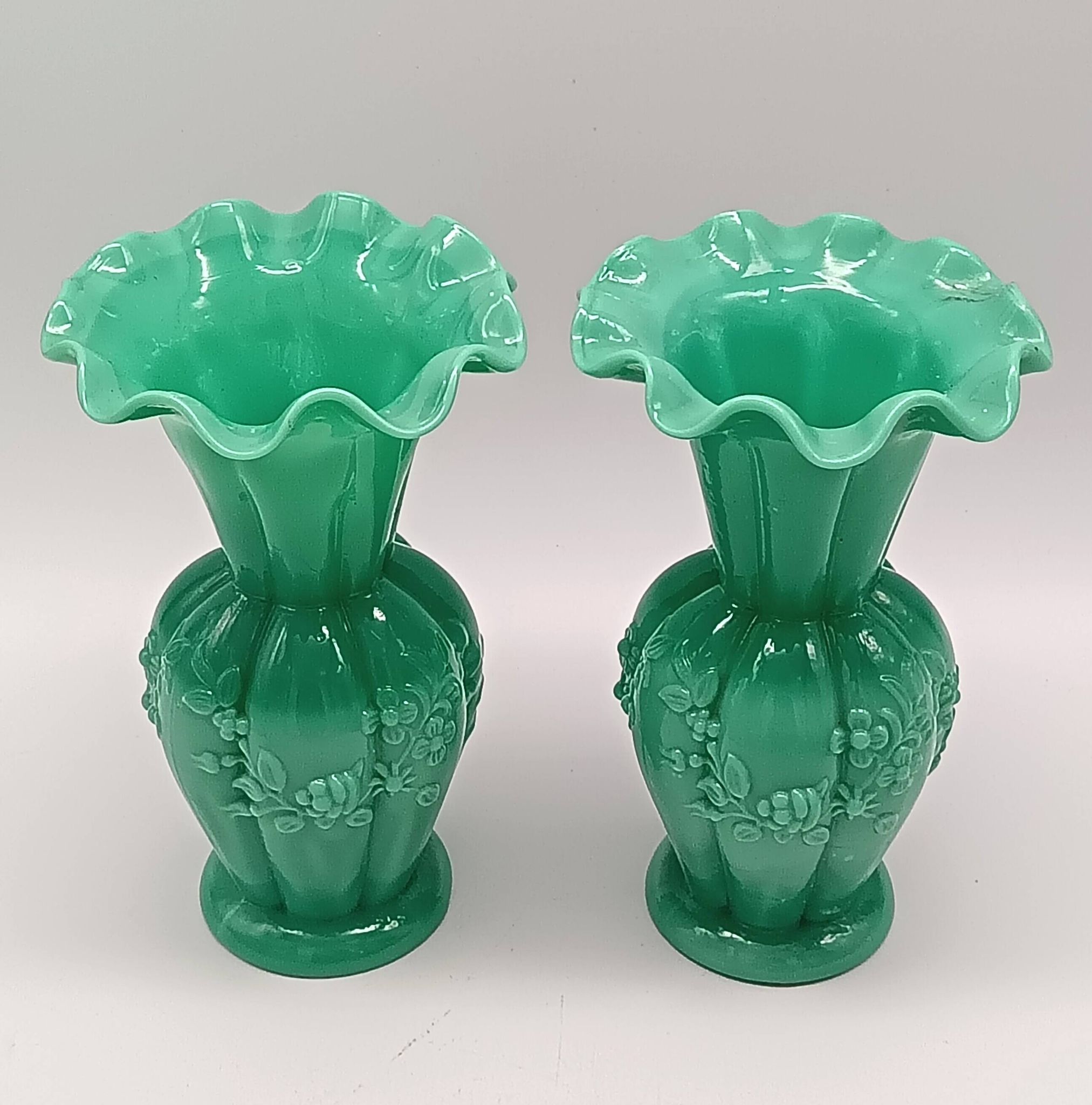 Pair of antique green opaline fairground vases, vintage, french