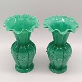 Pair of antique green opaline fairground vases, vintage, french