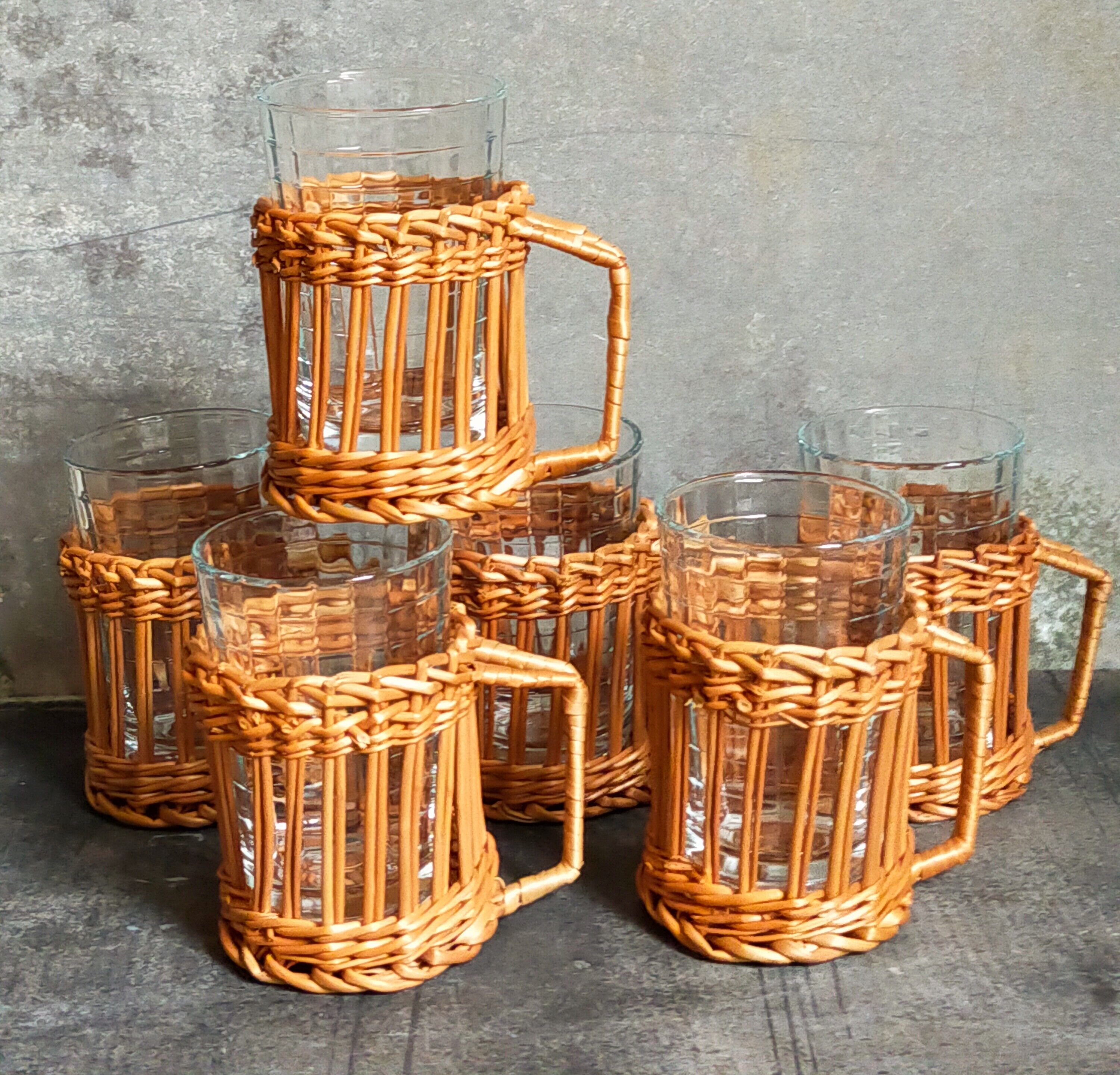 Six vintage 50s glasses in braided rattan cases