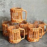 Six vintage 50s glasses in braided rattan cases