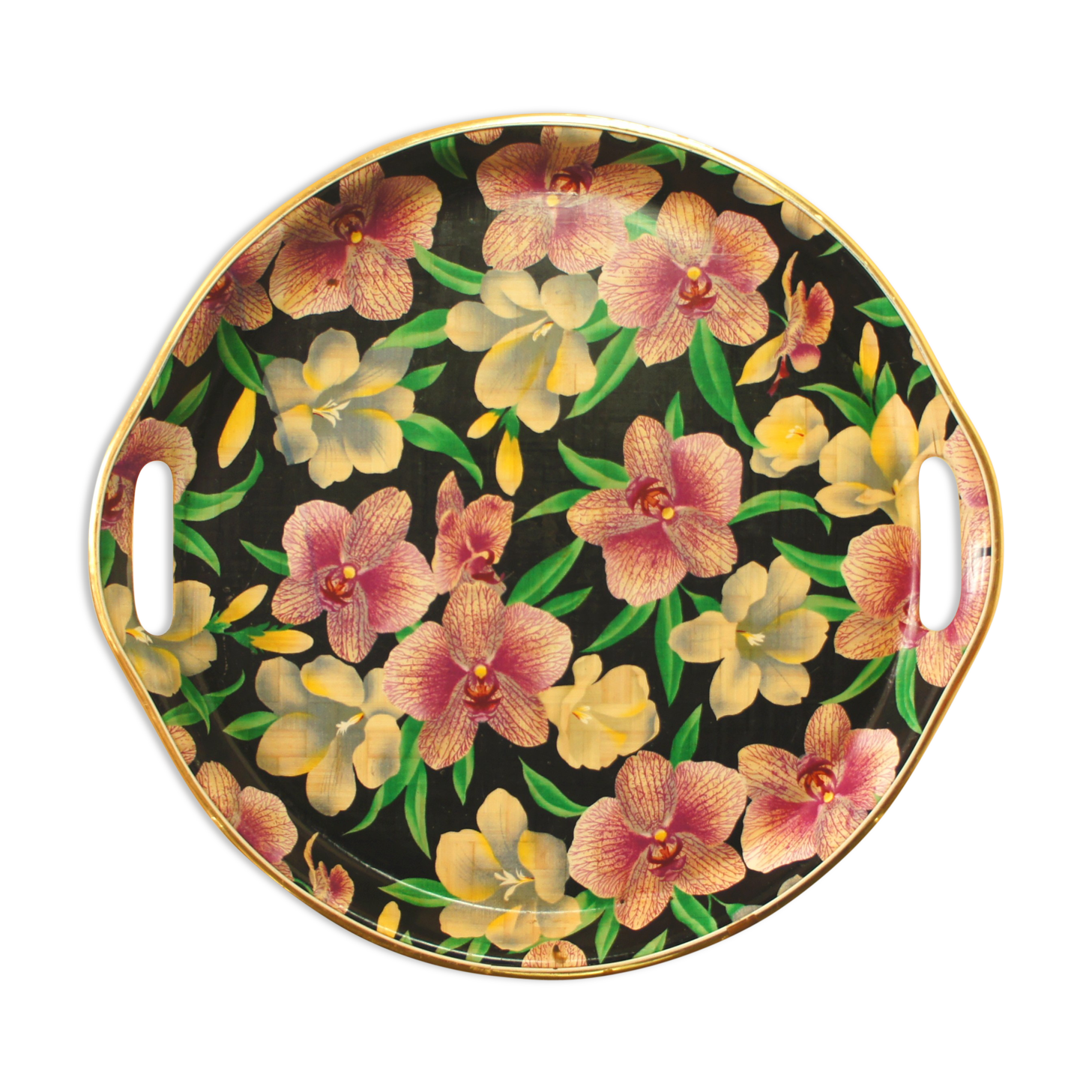 Vintage "orchid" tray in printed braided vegetable fiber & brass