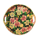 Vintage "orchid" tray in printed braided vegetable fiber & brass
