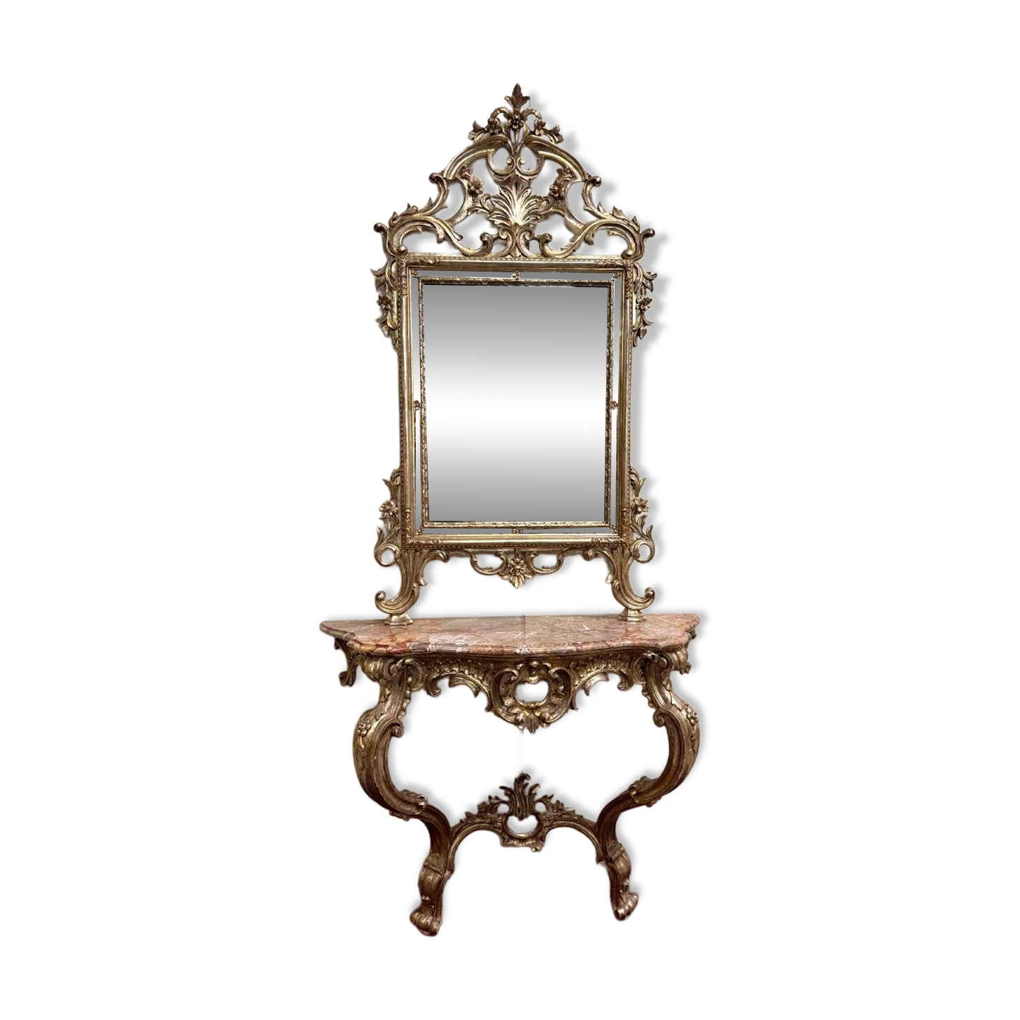 curved castle console + Louis XV style mirror in gilded and silvered wood