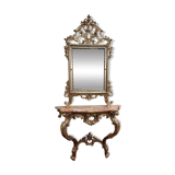 Console de château galbée et miroir style Louis XV en bois doré et argenté