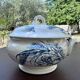 Antique soup tureen, Keller Lunéville earthenware, stamped K, blue decoration.
