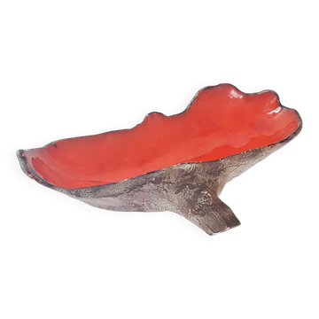 Coupe à fruits céramique rouge & imitation bois vintage 1960