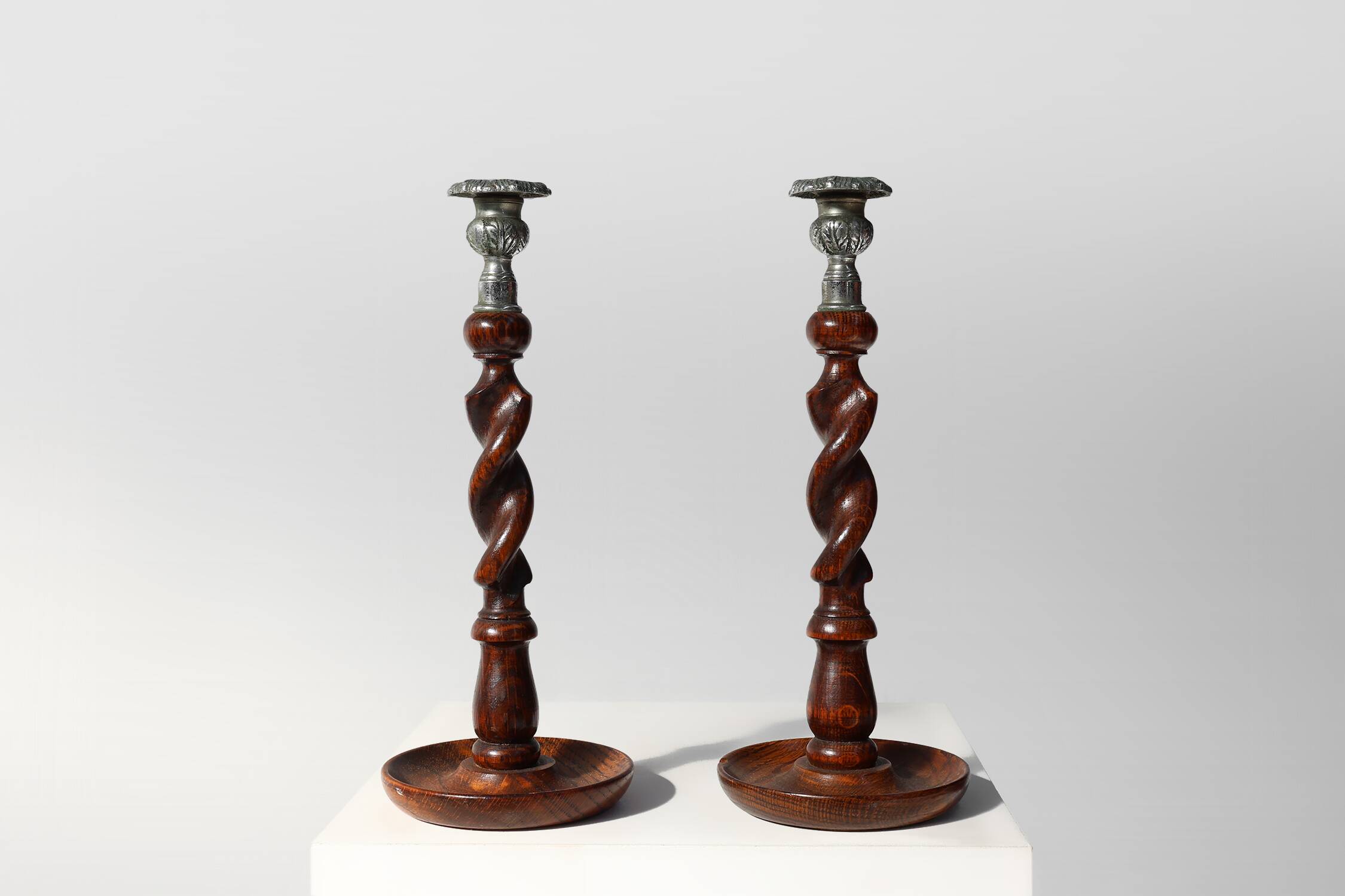 Pair of French Barley Twist candlesticks in wood with silver-plated bobeche