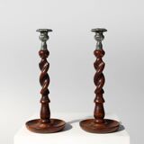 Pair of French Barley Twist candlesticks in wood with silver-plated bobeche