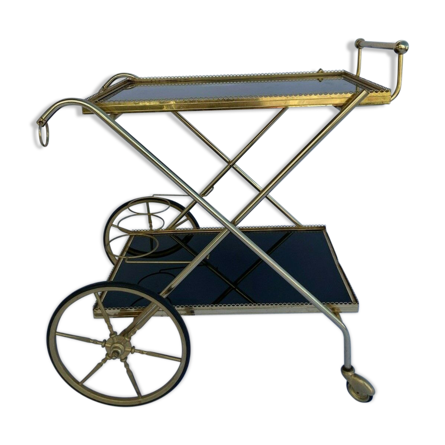 Vintage 1960's bar rolling table smoked glass gilded metal