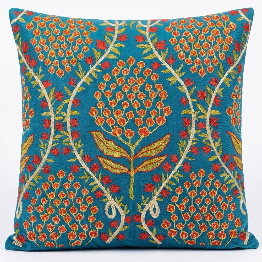 Silk Embroidered Floral Cushion Cover. Blue Throw Pillow Case. Traditional Uzbek Accent Pillow.