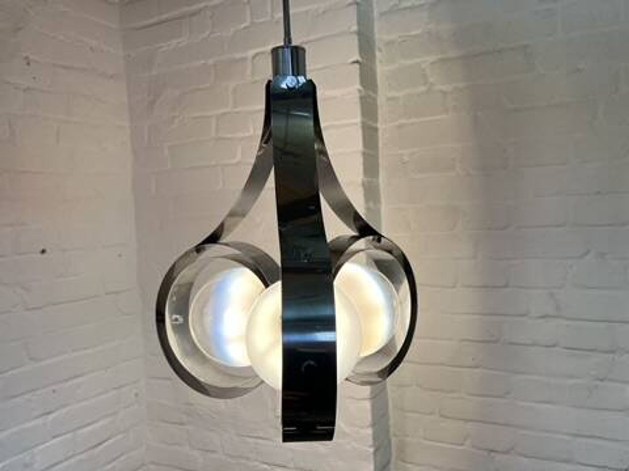 Vintage Space Age chrome and glass chandelier from the 1970s.