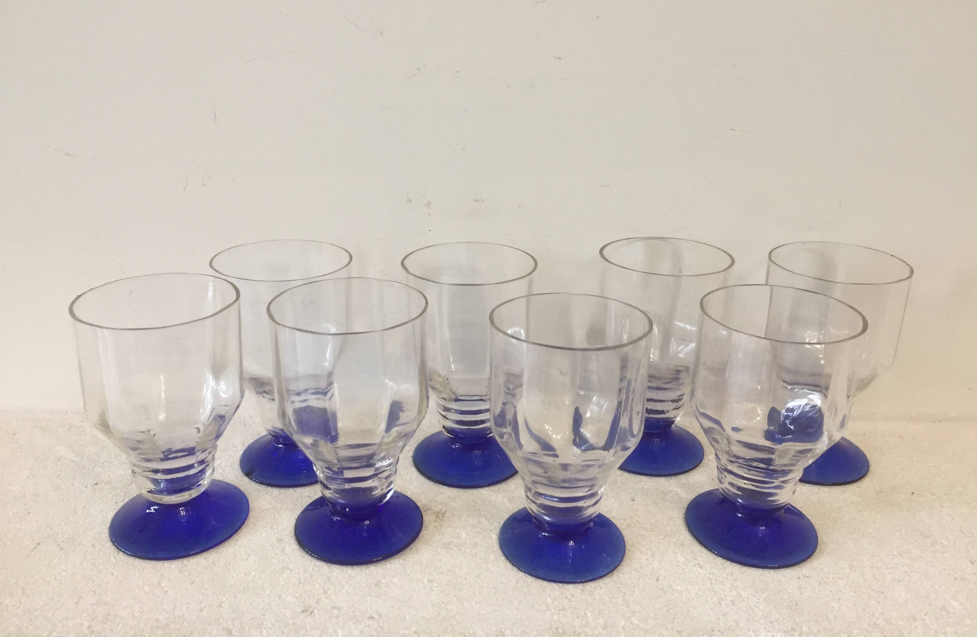8 glasses - digestive liqueur aperitif - blue foot - art deco -