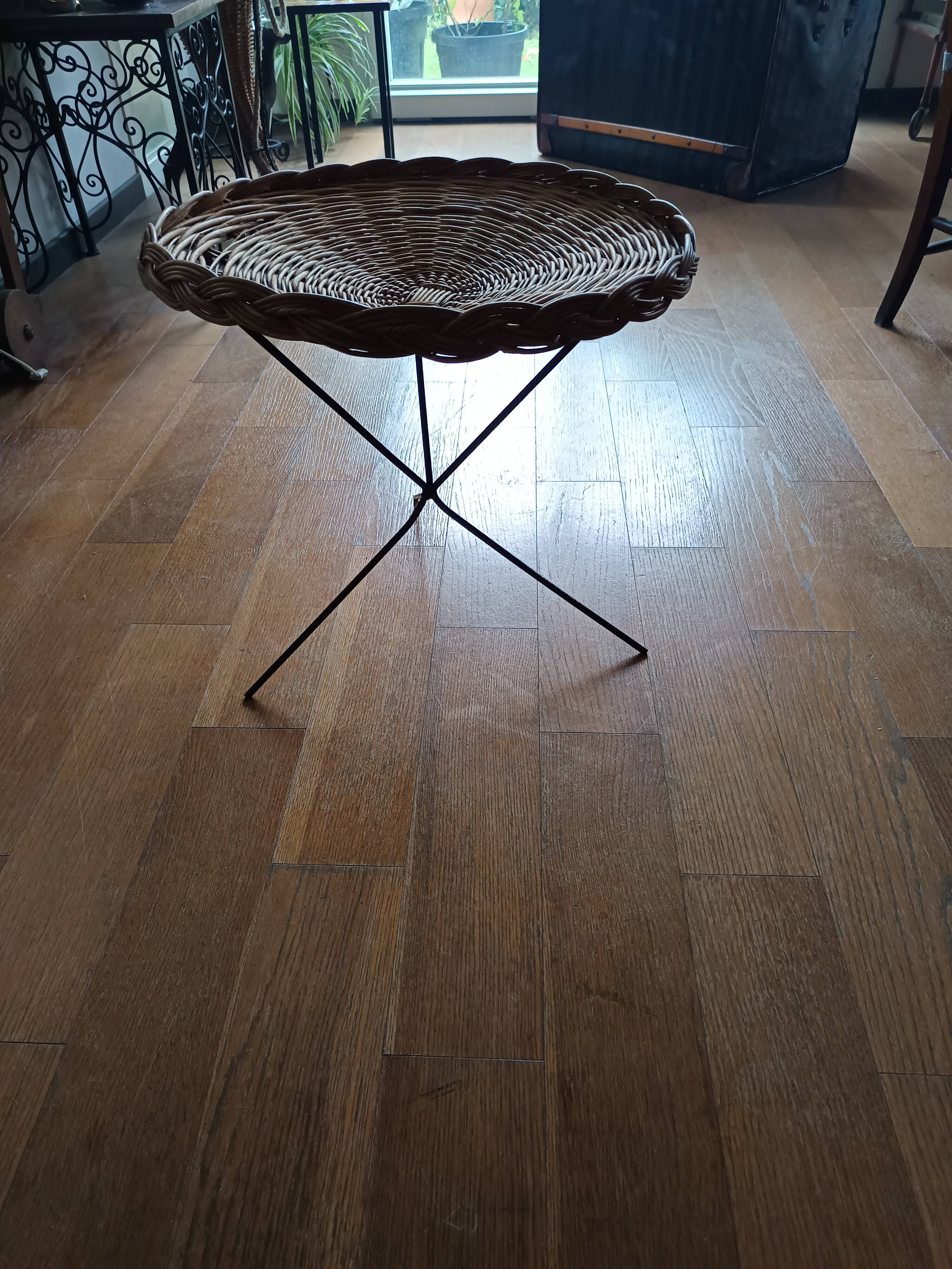 vintage wicker gueridon with a black metal tripod base from the 1960s