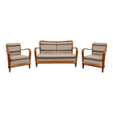 Suite de salon en noyer noir et tissu jacquard attribuée à Paolo Buffa, Italie, années 1930.