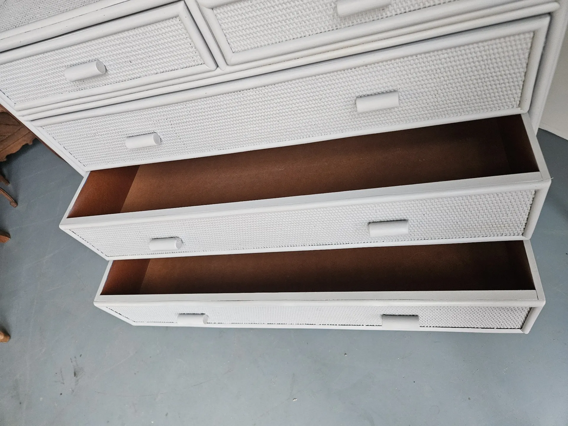 Vintage grey wood and rattan chest of drawers
