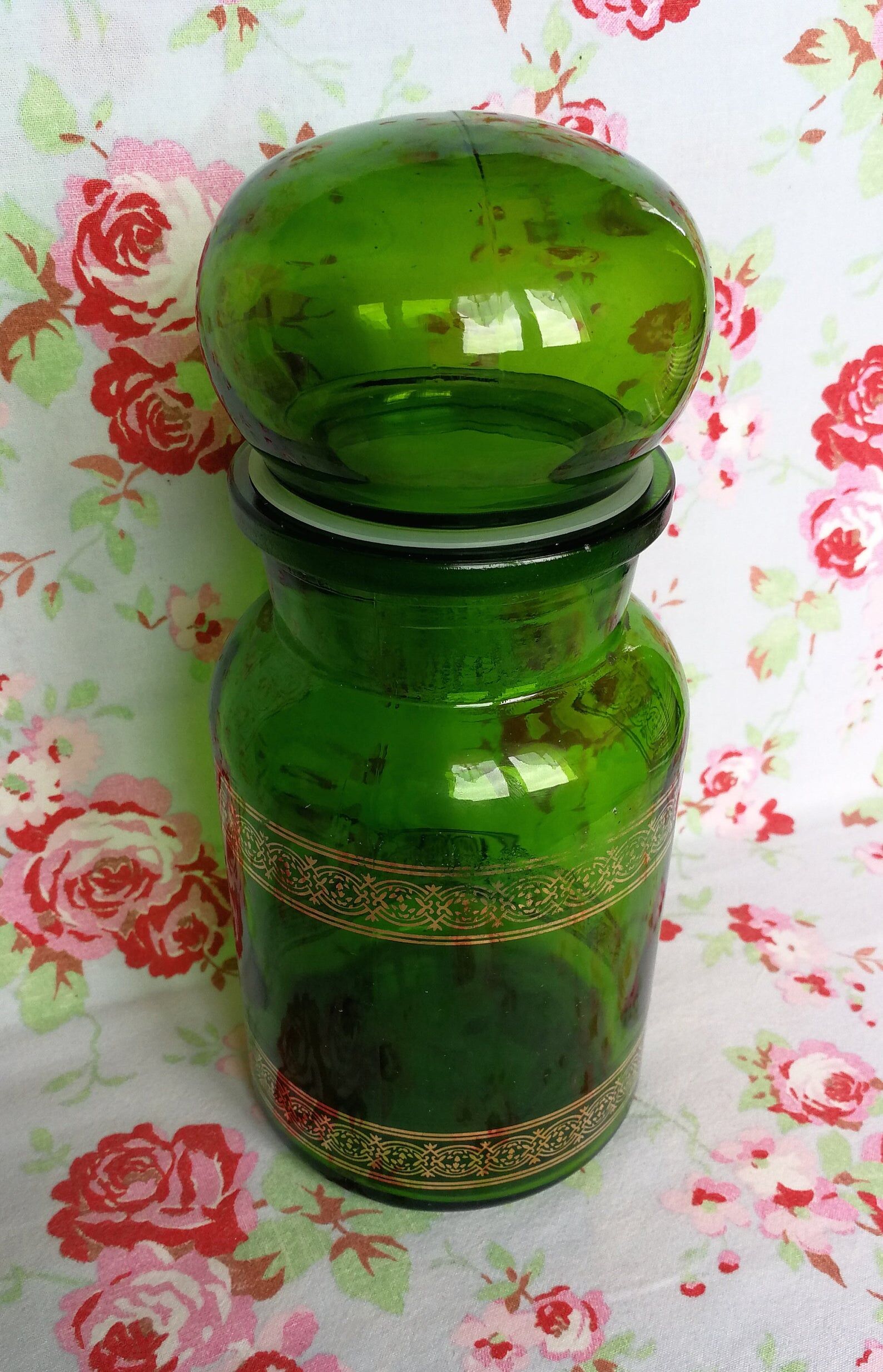 Green glass apothecary flask and golden edars old pot
