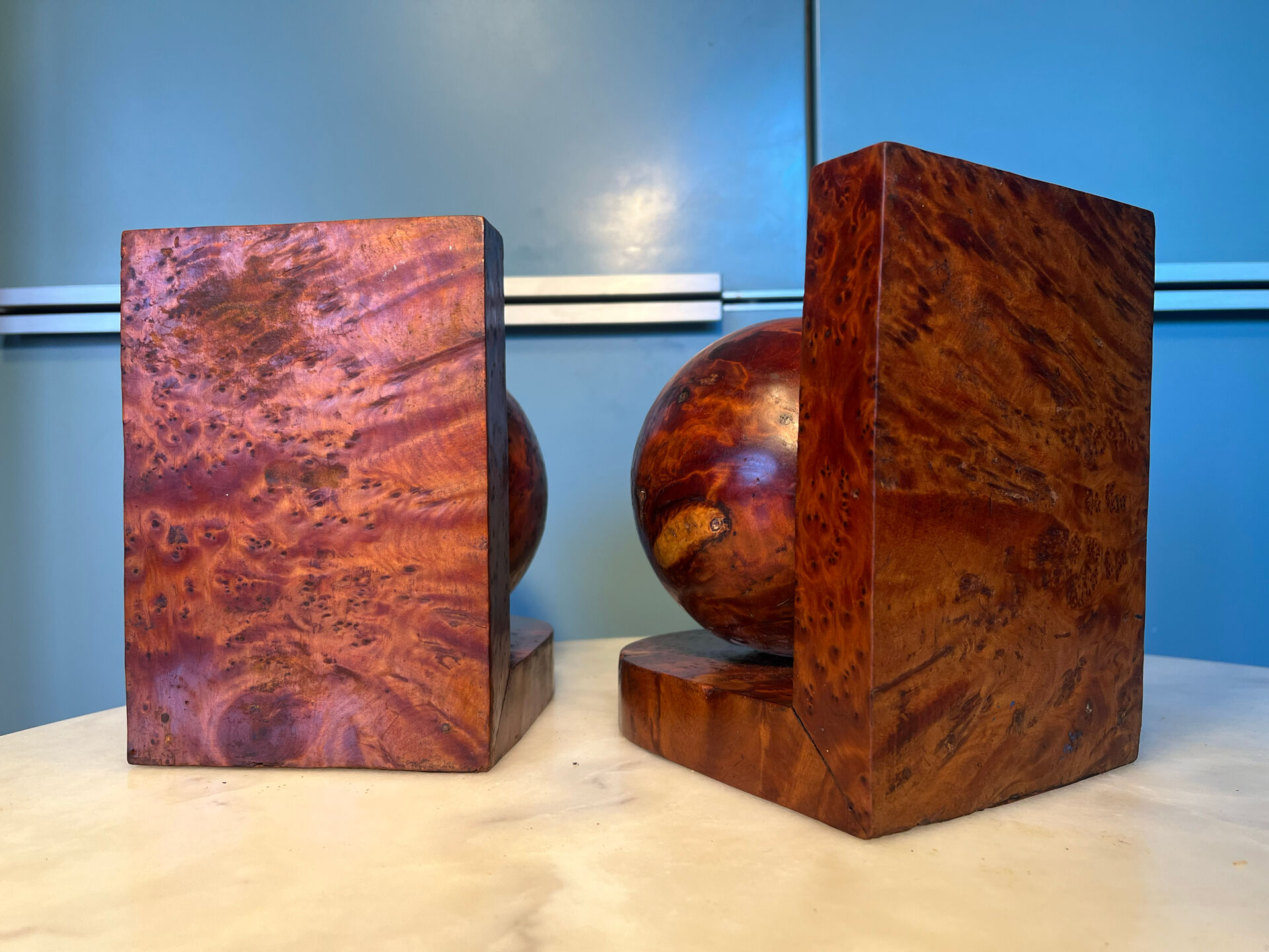 Art Deco pair of bookends in thuya burl.