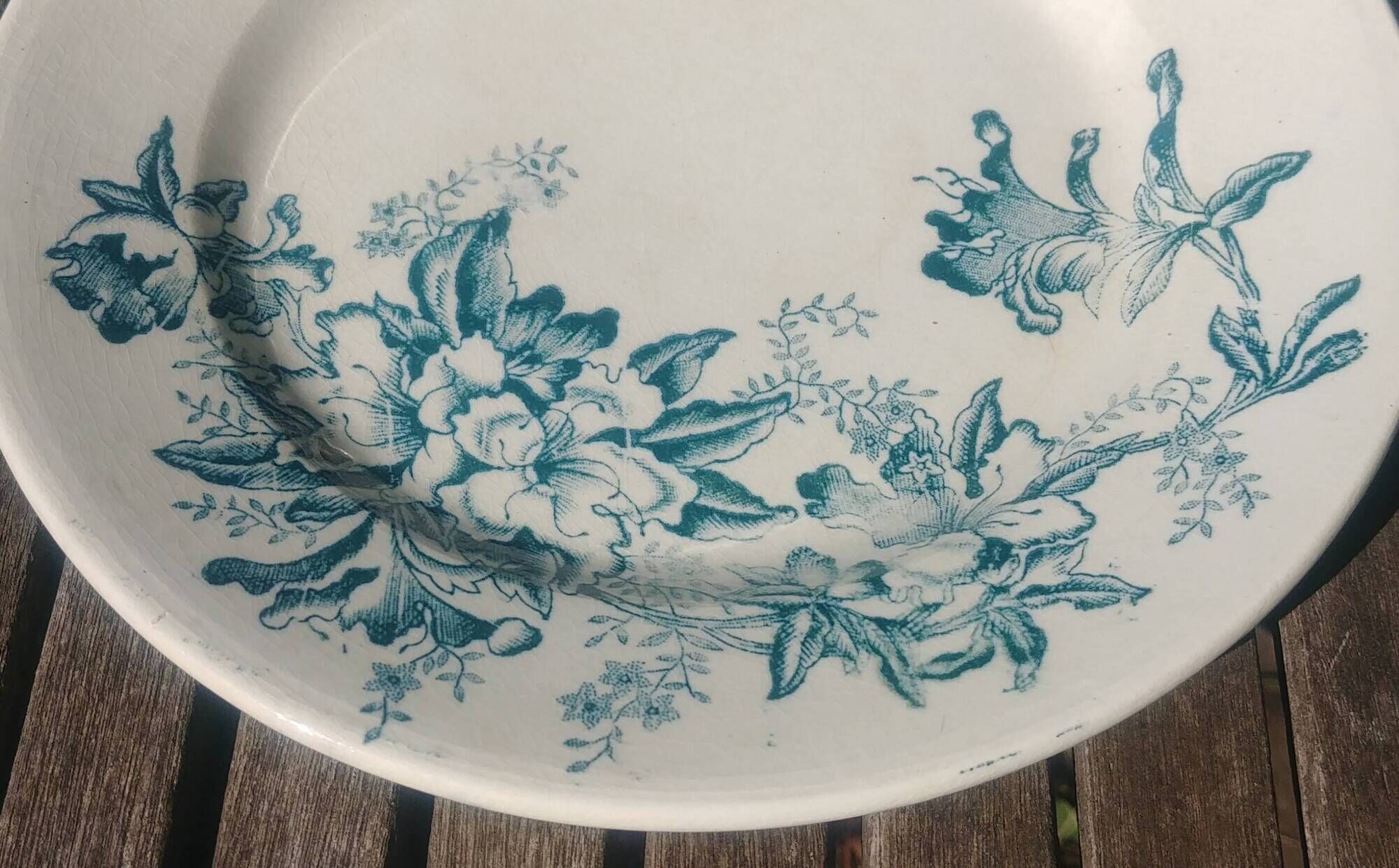 Old iron earthenware flat plate from the Lyon earthenware factory, Floréal model
