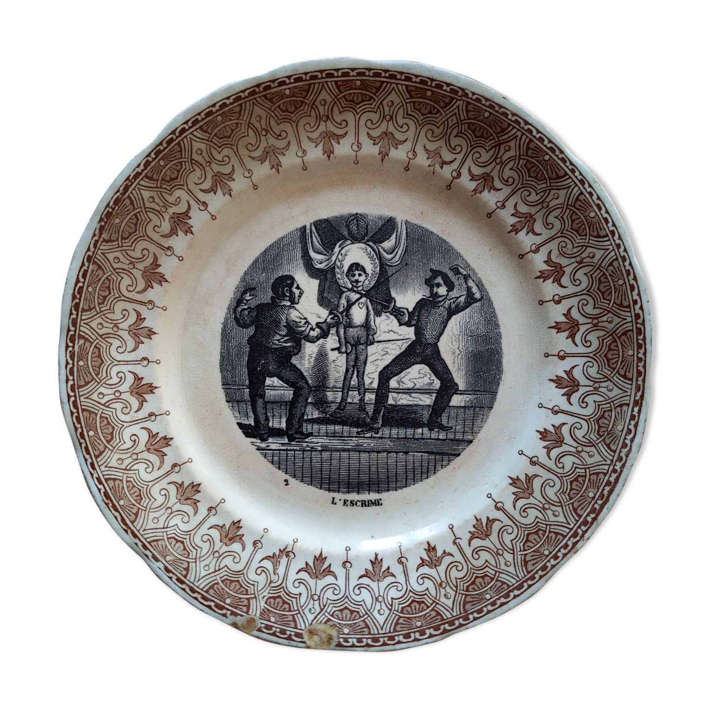 Old plate Sarreguemines porcelain iron earth fencing heart