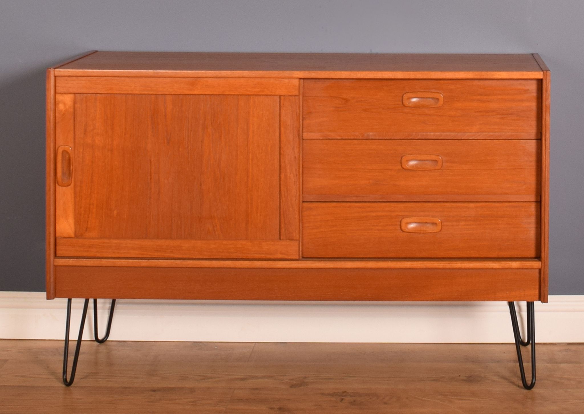 Restored Danish Teak 1960s Short Retro Sideboard Hairpin Legs