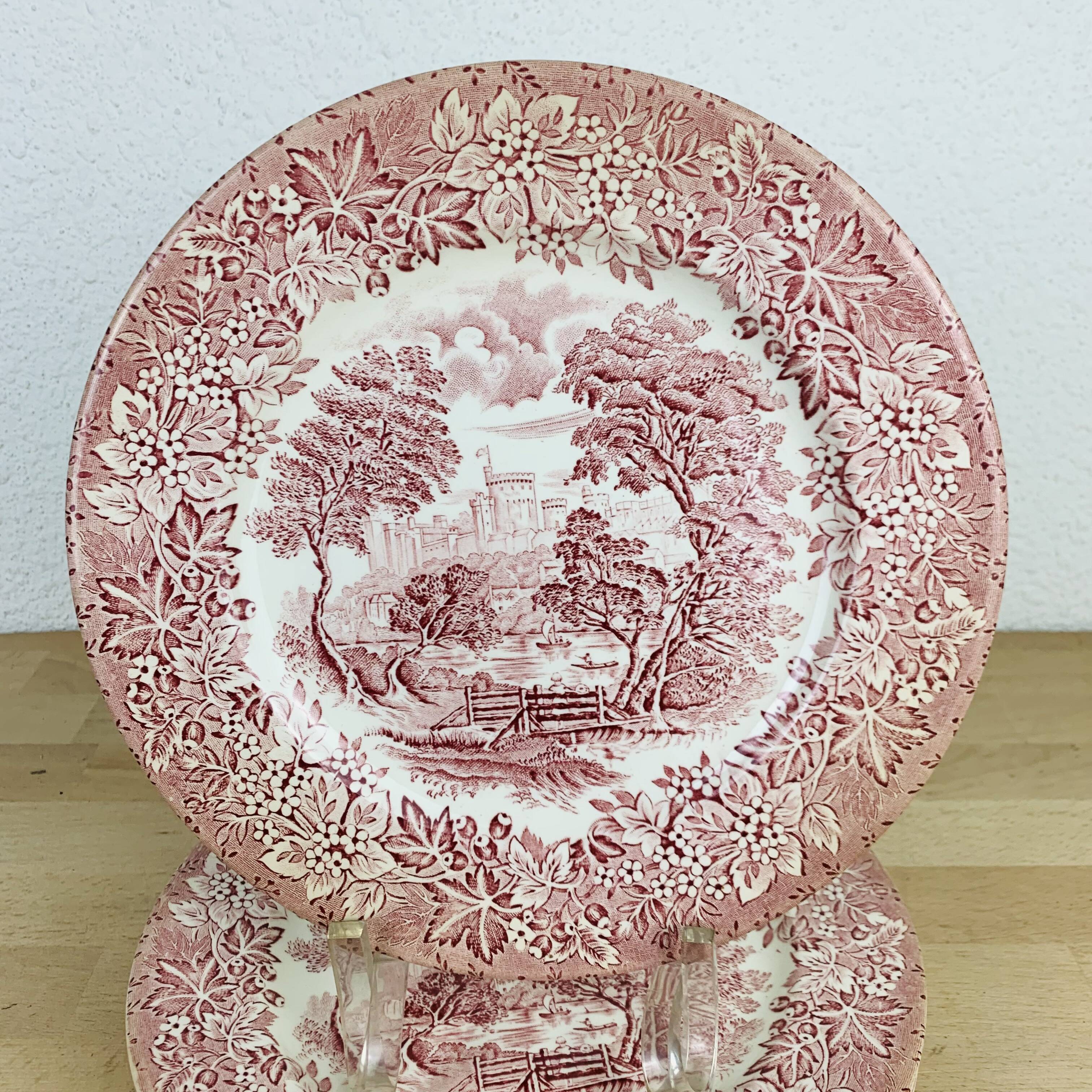 6 red ironstone English flat plates