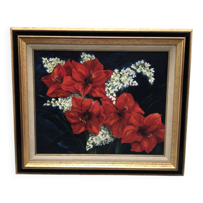 Tableau ancien bouquet de fleurs nature morte peinture à l'huile
