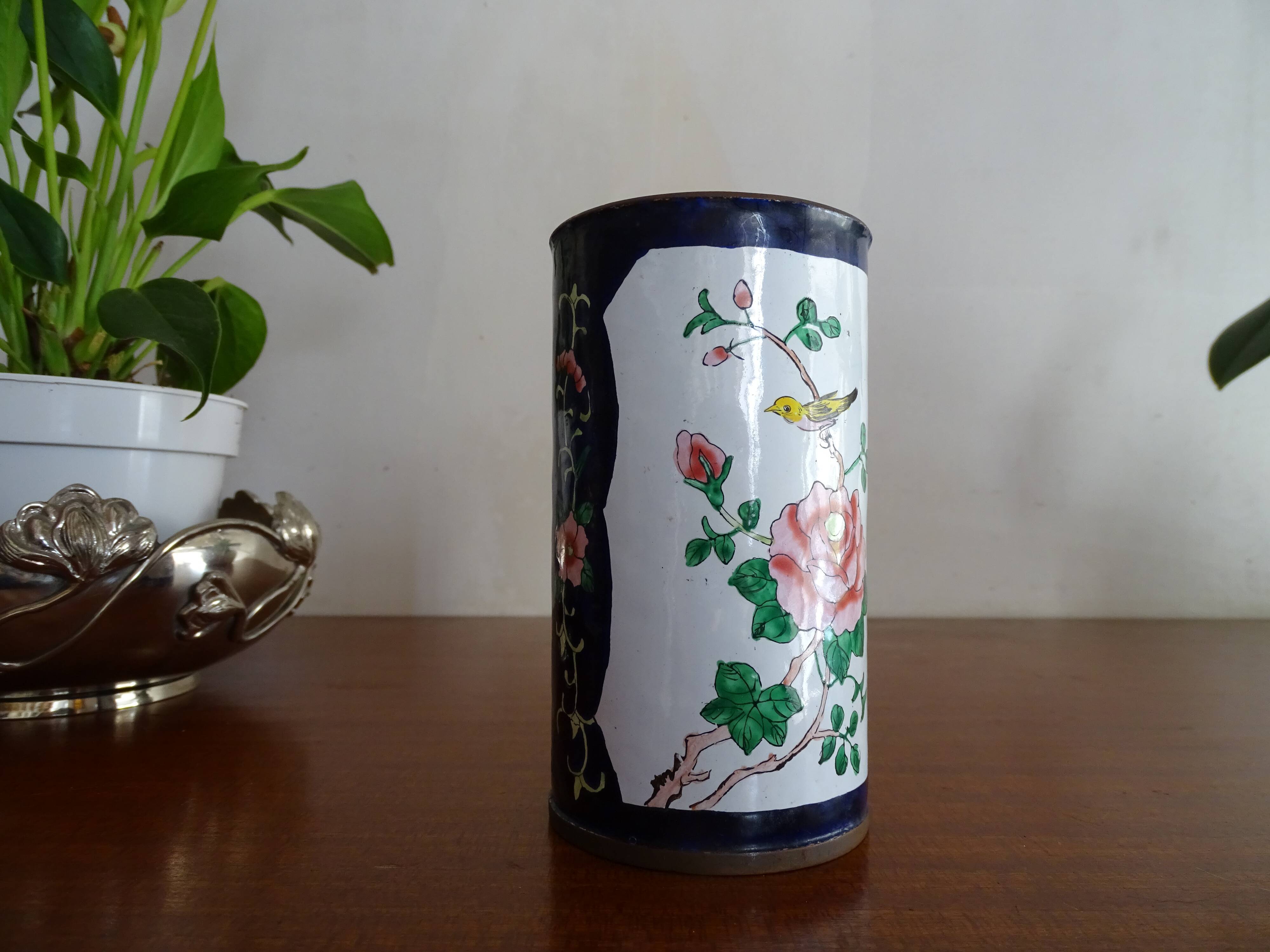 Cloisonné enamel pencil pot on copper