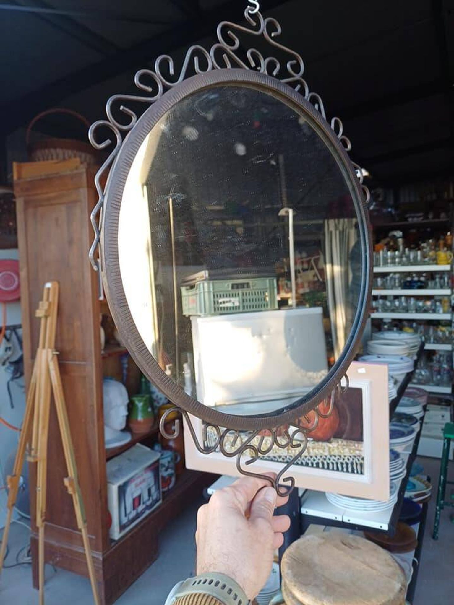 Vintage wrought iron round mirror