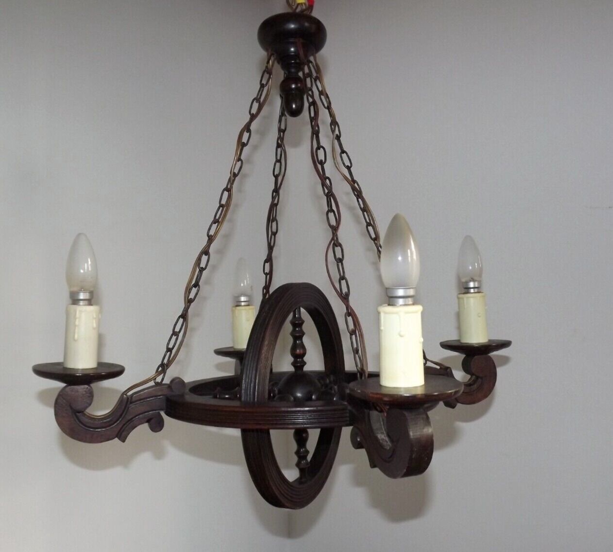 French vintage rustic 4 light wheel chandelier hand