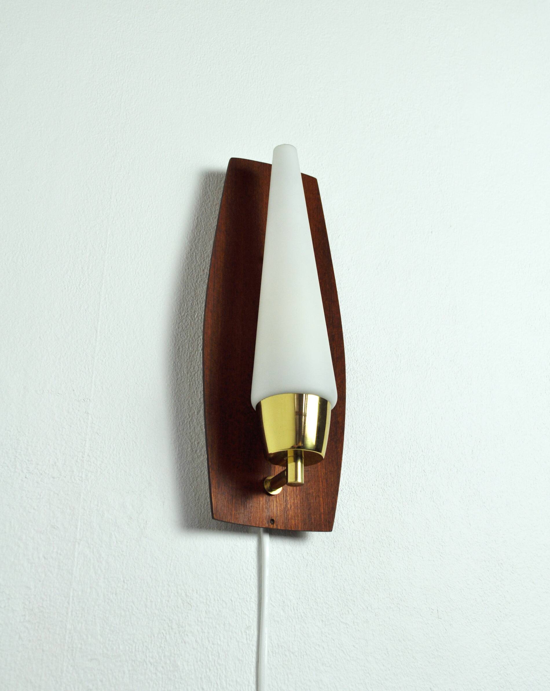 Scandinavian Modern Danish Wall Light in Teak, Brass and Opaline Glass, 1960s