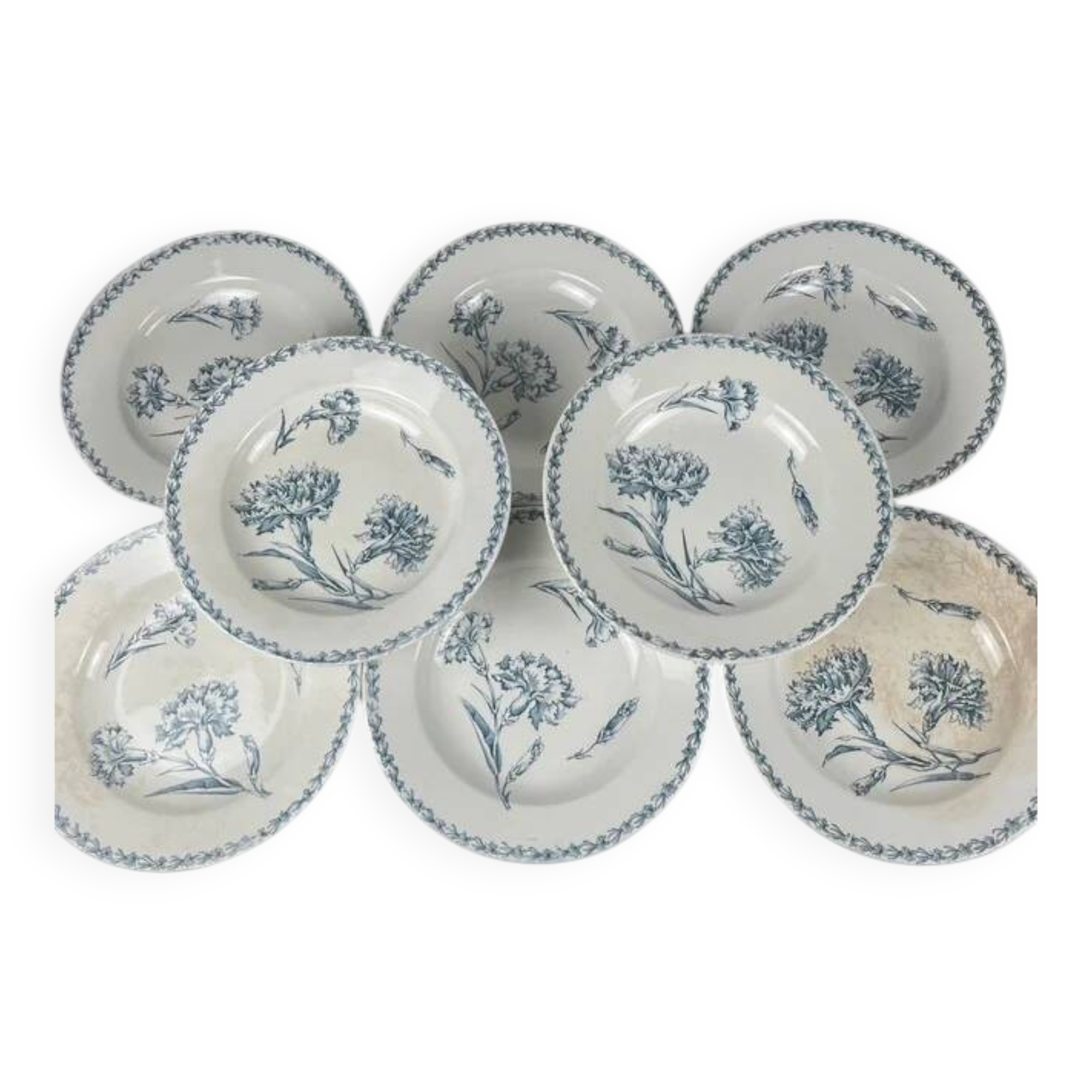 Set of 8 deep plates model "Oeillet", KG Lunéville, ironstone, 19th century