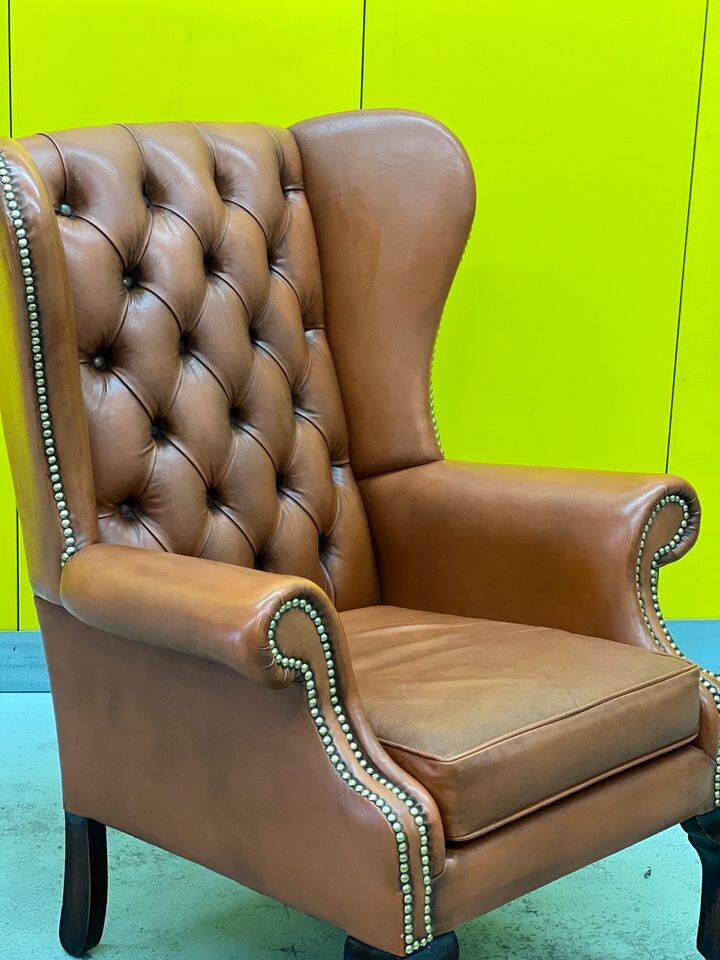 Fauteuil Chesterfield en cuir marron clair vintage