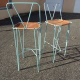Pair of high bar stools leather and turquoise metal bar stools