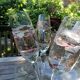 Set of 4 painted blown glass champagne flutes. Signed Denis.