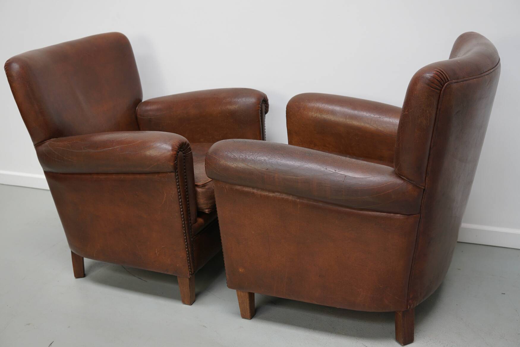 Vintage Dutch Cognac Colored Leather Club Chair, Set of 2
