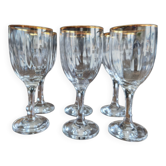 Set of 6 vintage white wine glasses with scrolled rim and gold rim