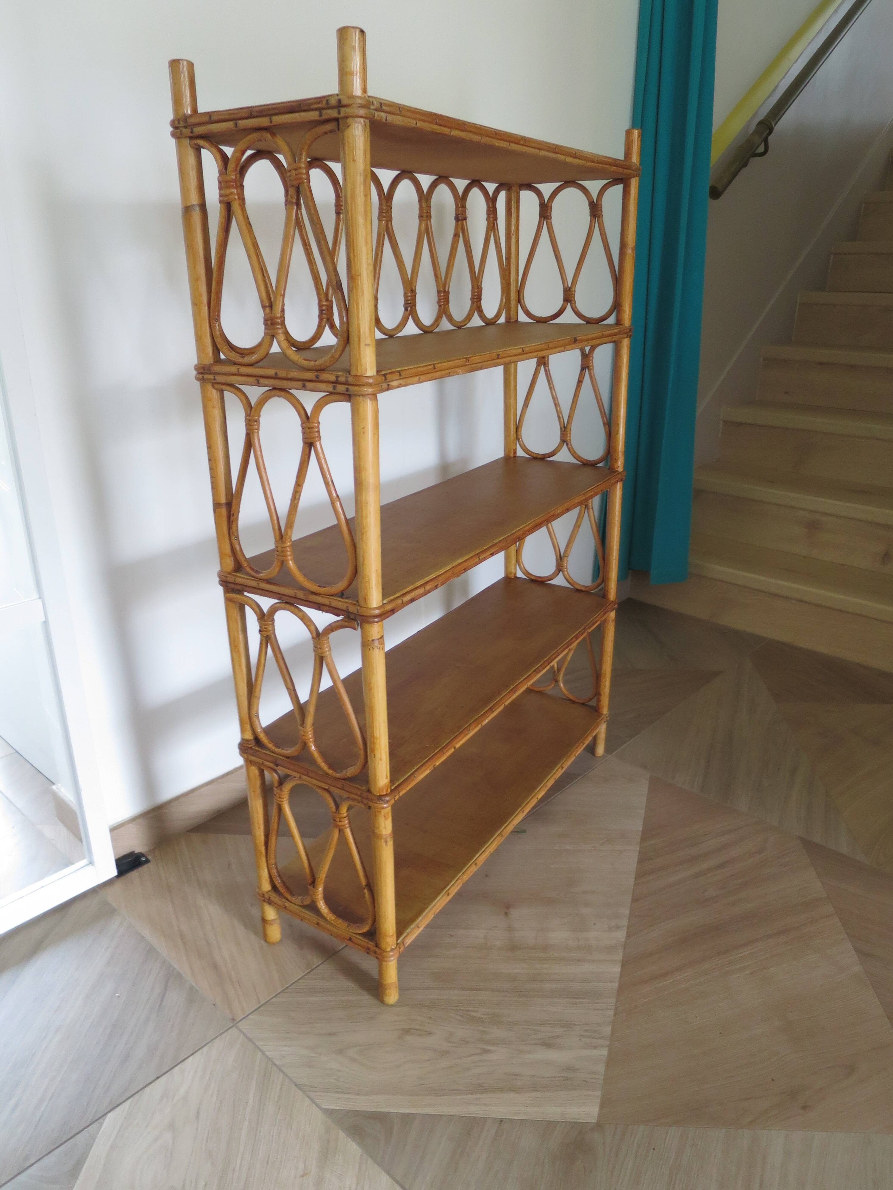 Wooden and rattan bookcase, 1970s-1980s