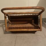 Vintage rattan magazine rack with side shelf - Bohemian style