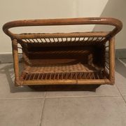 Vintage rattan magazine rack with side shelf - Bohemian style