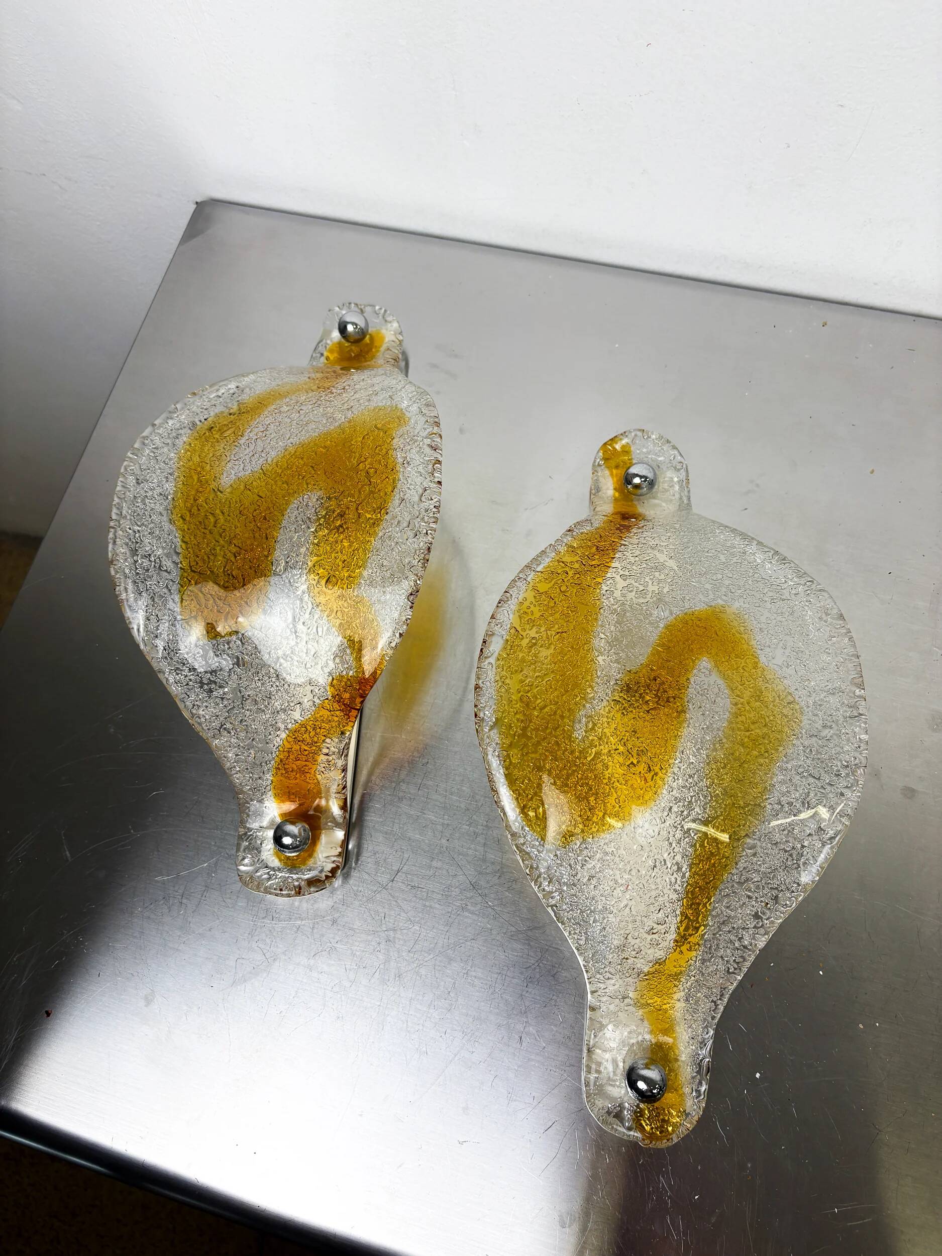 Pair of Mazzega Murano wall lights, orange frosted curved glass, Italy, 1970s