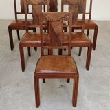 Set of 6 Art Deco chairs in Oak and Walnut with camel leather.