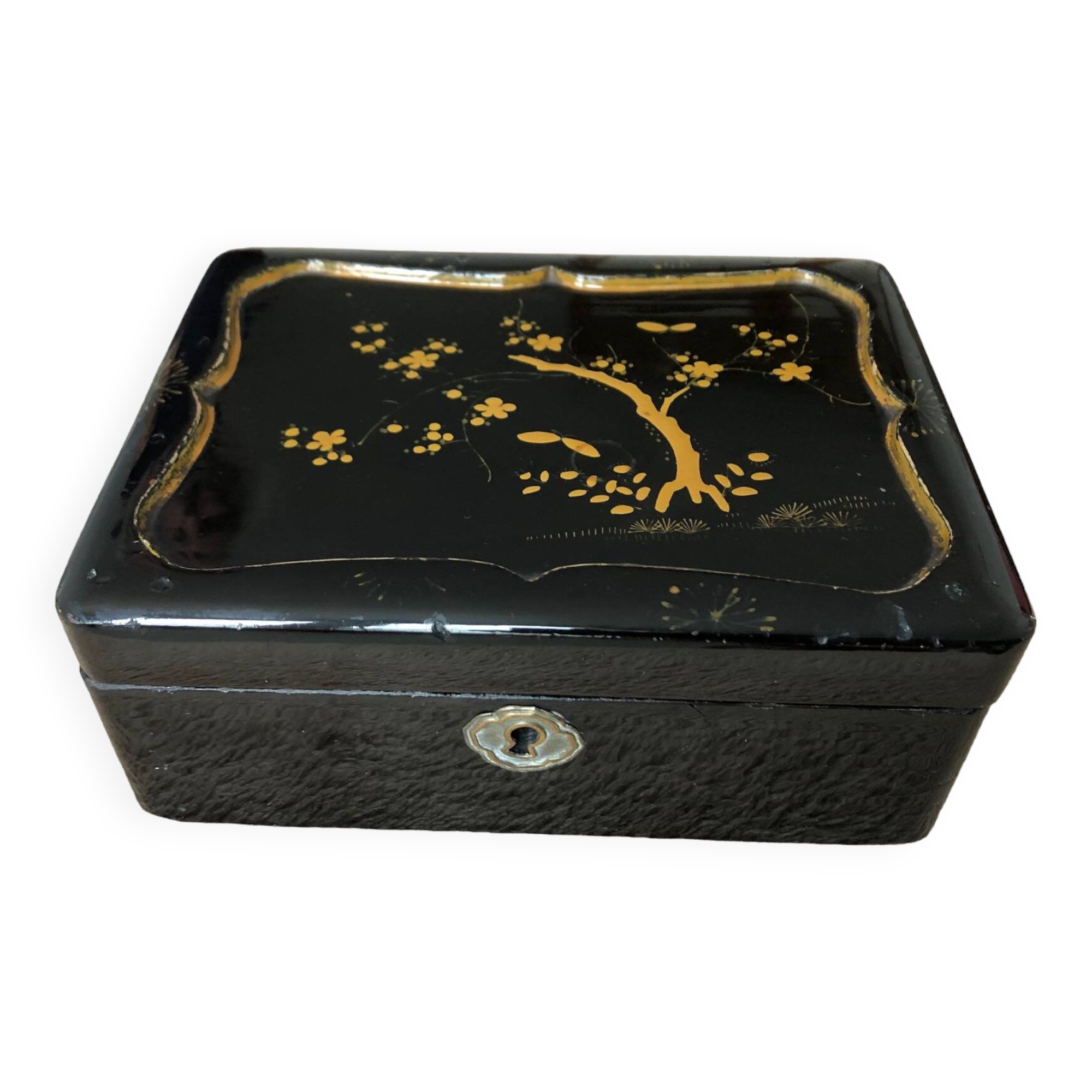 Old black lacquered jewelry box/box with gold Asian décor