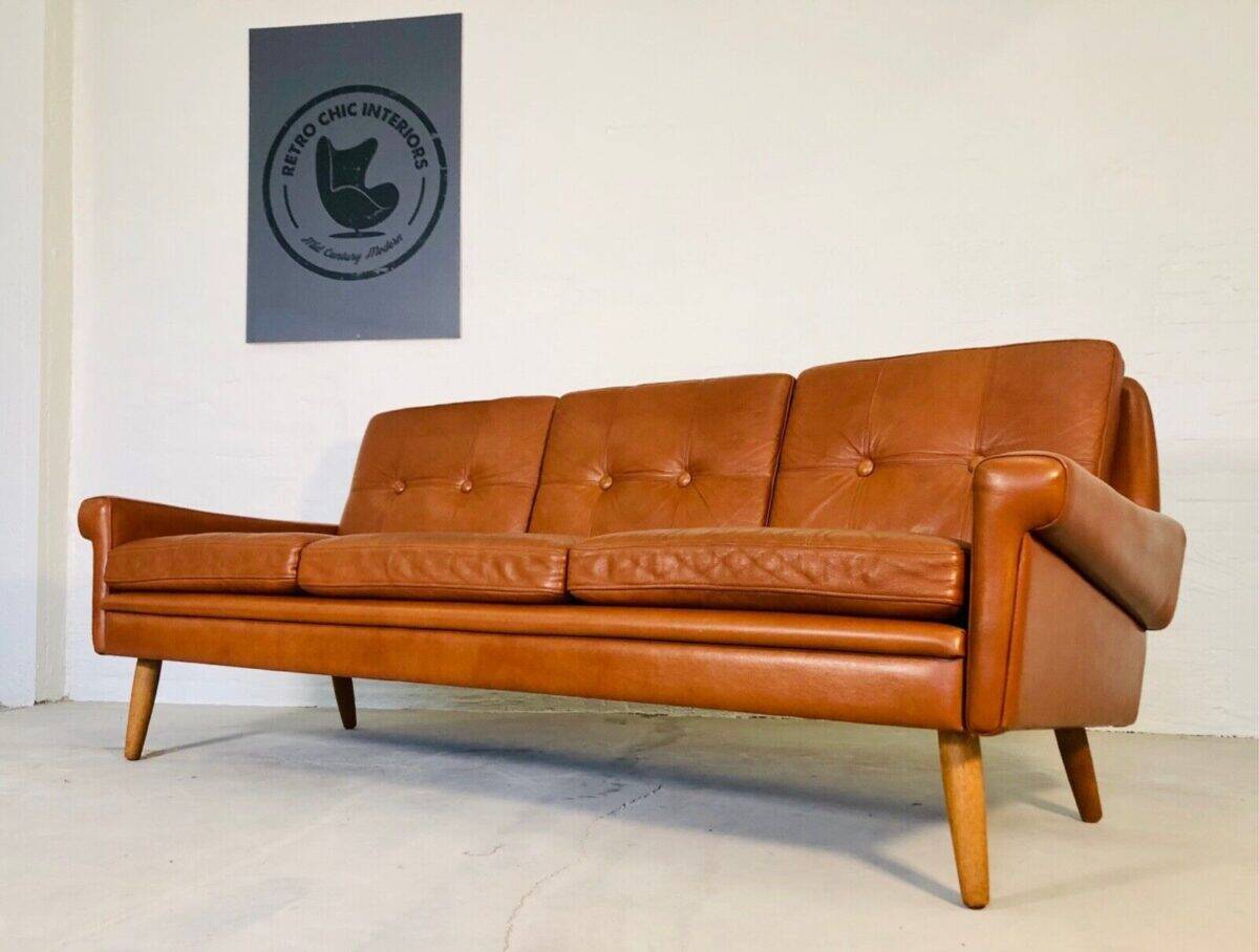 Canapé Svend Skipper vintage danois des années 60 en cuir cognac pour 3 personnes.