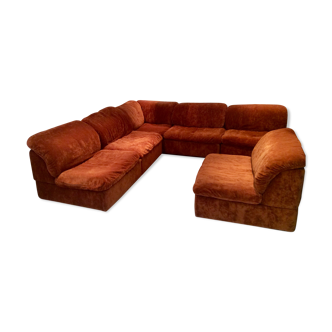 Vintage corner sofa modular velvet orange burned 70 years